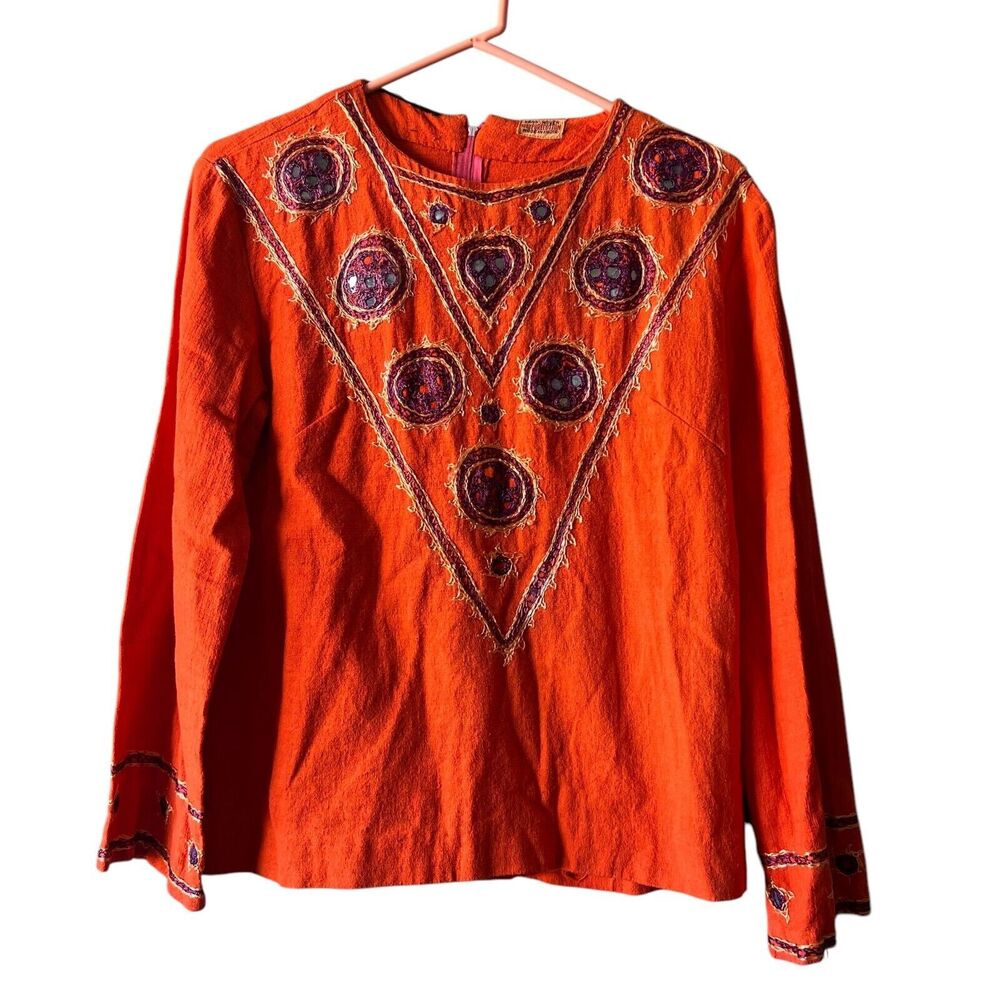 India Hand‎ Woven Embroidered Long Sleeve Top Womens Sz. Small Mirror Geometric